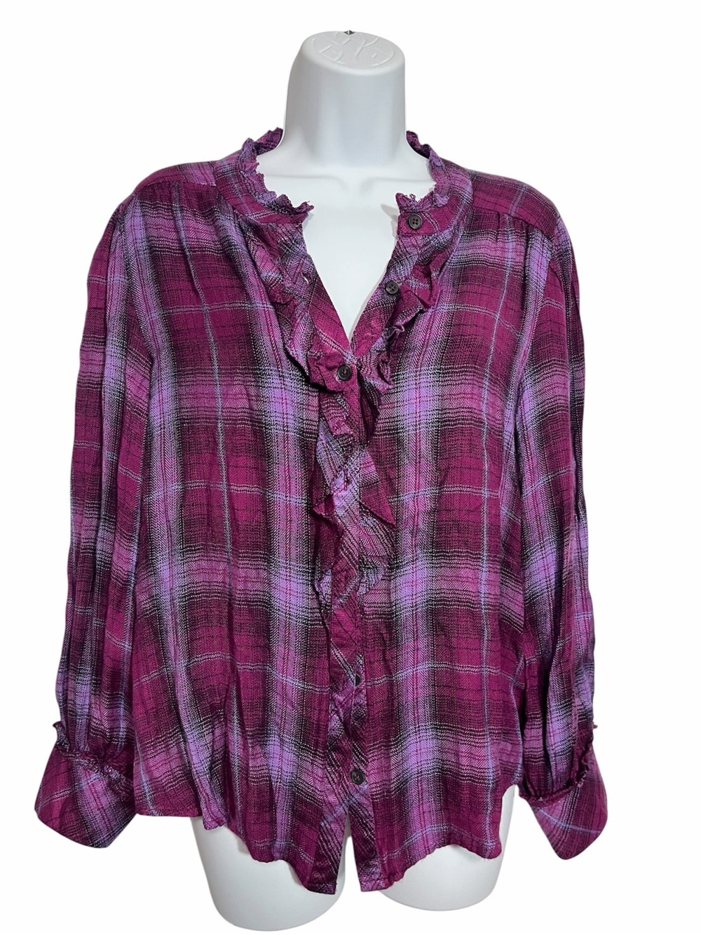 Democracy Purple Lavender Plaid Ruffle Button-Down Size Medium Boho Cottage